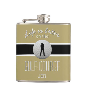 Leven is beter Quote Golfen Monogram Gold Zwart Heupfles
