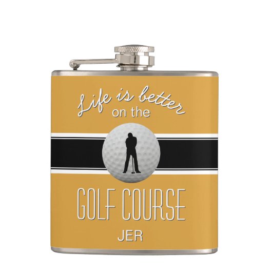 Leven is beter Quote Golfen Monogram Zwart Geel Heupfles (Voorkant)