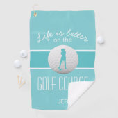 Leven is beter vrouwelijke golfer met monogram lic golfhanddoek (Insitu)