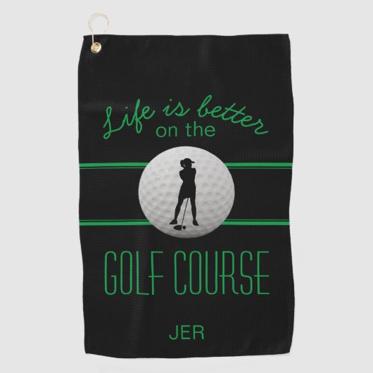 Leven is beter Zwarte Groene Damesgolfer Monogram Golfhanddoek (Voorkant)