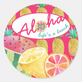 Leven is een strand! Pret tropisch fruit Monogram Ronde Sticker