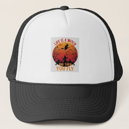 Leven Is Heks Dan Vlieg Halloween Kerkhof Vleermui Trucker Pet (Voorkant)