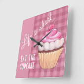 Leven is Kort Eet Cupcake Roze Gingham Vierkante Klok (Hoek)