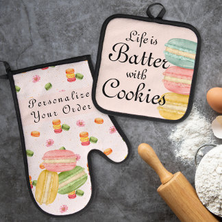 Leven is Lekkerder met Koekjes Waterverf Macaron Ovenwant & Pannenlap Set