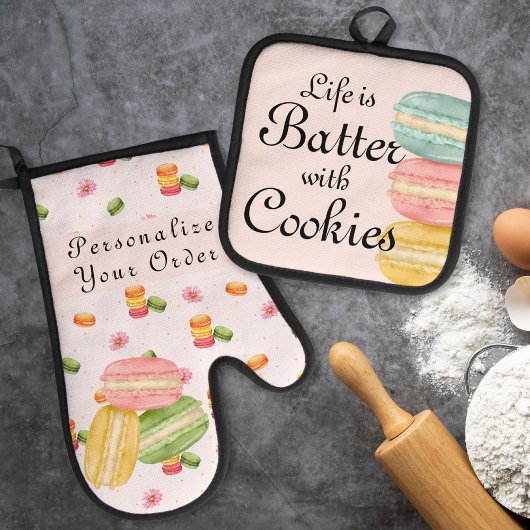 Leven is Lekkerder met Koekjes Waterverf Macaron Ovenwant & Pannenlap Set