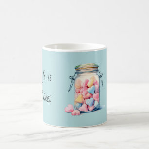 Leven is Zoet Blauw Roze Geel Hart Snoeppot Koffiemok