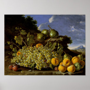 Leven met Bord van druiven, perziken, peren Poster
