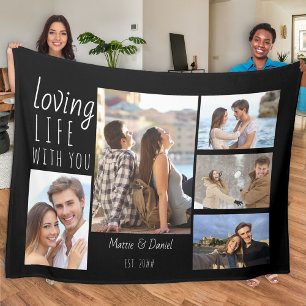Leven met jou lief 5 Foto Collage Zwart Fleece Deken