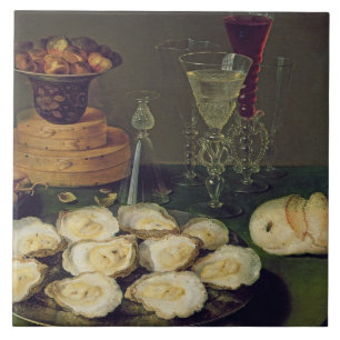 Leven met oesters en bril (olie op het paneel) tegeltje