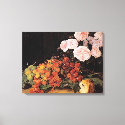 Leven met Rozen, aardbeien en brood Canvas Afdruk (Voorkant)