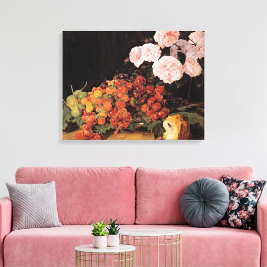 Leven met Rozen, aardbeien en brood Canvas Afdruk (Insitu (Woonkamer))