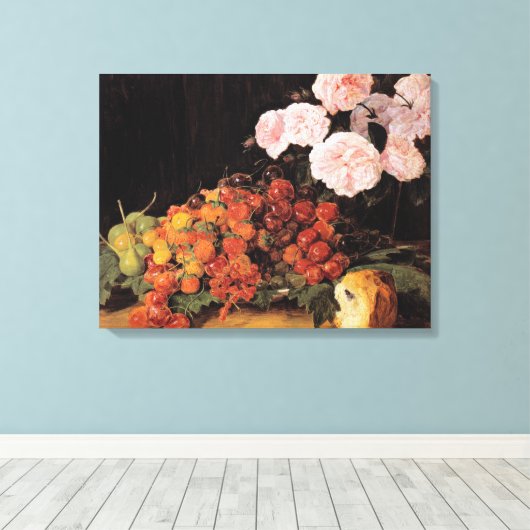 Leven met Rozen, aardbeien en brood Canvas Afdruk (Insitu (Houten vloer))