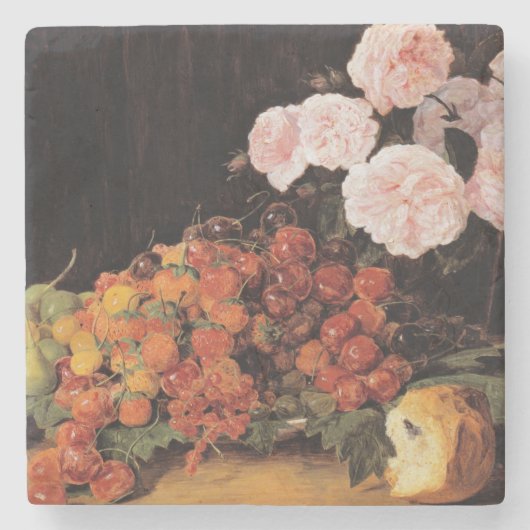 Leven met Rozen, aardbeien en brood Stenen Onderzetter (Voorkant)