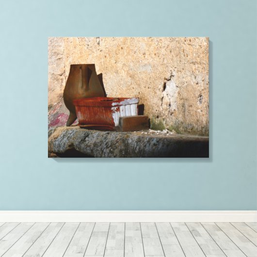 Leven met Vase Olla en mandje Canvas Afdruk (Insitu (Houten vloer))