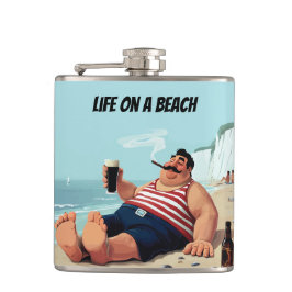 Leven op het strand, man die sigaar rookt en bier  heupfles