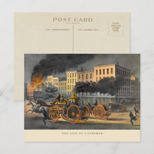 Leven van een Fireman Vintage 1860s Lithograaf Briefkaart (Voorkant / Achterkant)