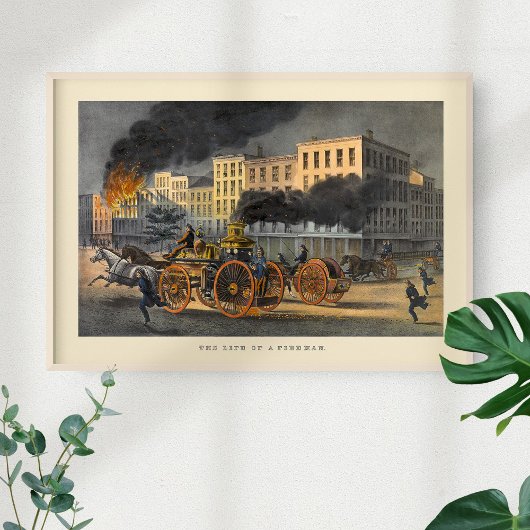 Leven van een Fireman Vintage 1860s Lithograaf Poster