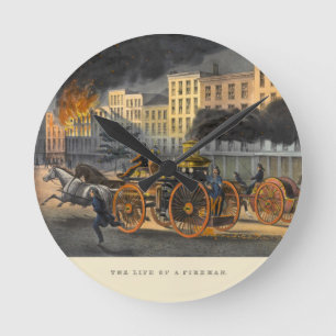 Leven van een Fireman Vintage 1860s Lithograaf Ronde Klok
