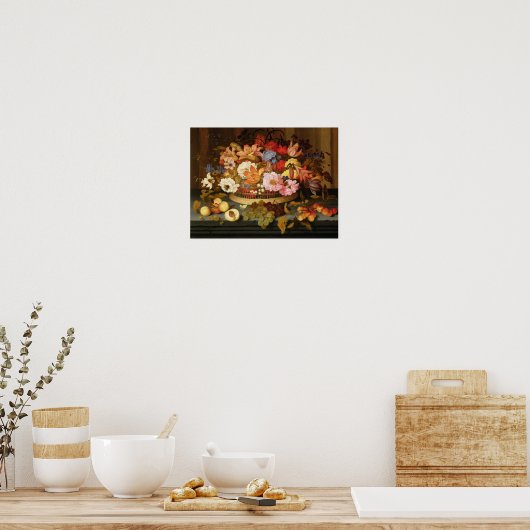 Leven van fruit en een mand bloemen poster (Keuken)