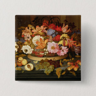 Leven van fruit en een mand bloemen vierkante button 5,1 cm
