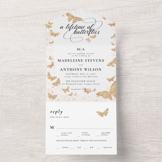 Leven van vlinders Elegante romantische bruiloft All In One Uitnodiging (Binnen)