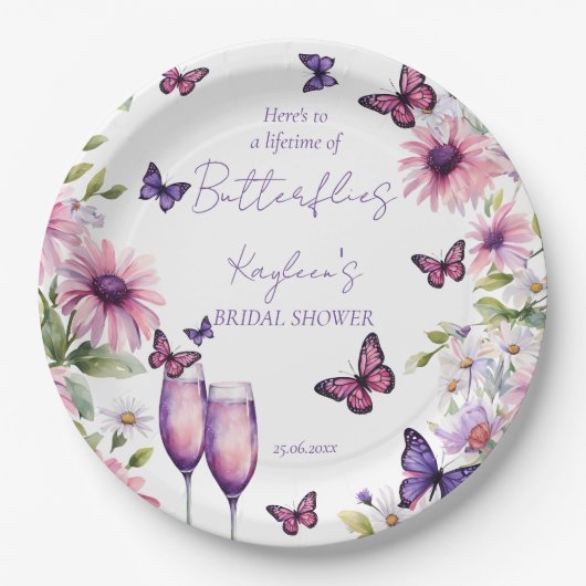 Leven van vlinders paarse vrijgezellenfeest papieren bordje (Voorkant)