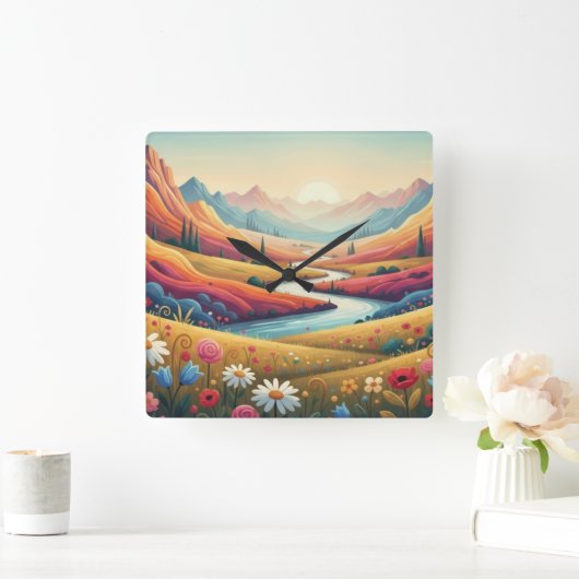 Levend Berglandschap met Zonsondergang & Bloem Vierkante Klok (Huis)