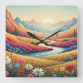 Levend Berglandschap met Zonsondergang & Bloem Vierkante Klok (Voorkant)