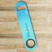 Levend Blauw Glitter Ombre Monogram Stijlvol Speed Flessenopener