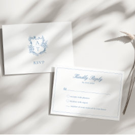 Levend blauwe script crest monogram RSVP kaart