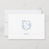 Levend blauwe script crest monogram RSVP kaart (Achterkant)