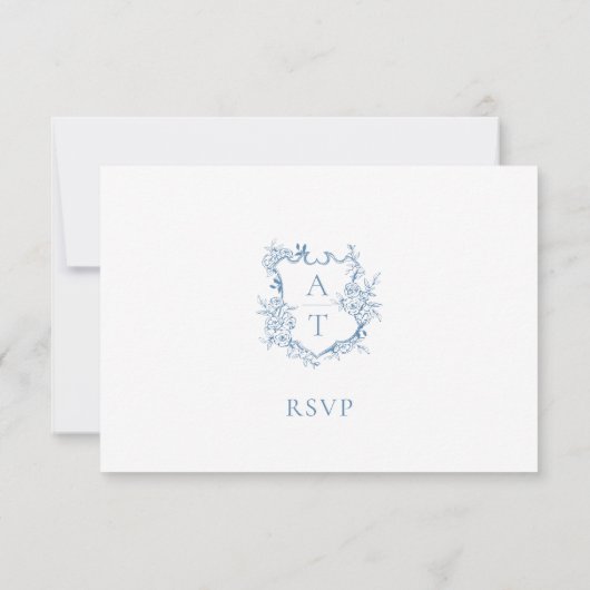 Levend blauwe script crest monogram RSVP kaart (Achterkant)
