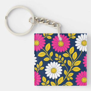 Levend bloemmotief met madeliefjes en gouden blade sleutelhanger