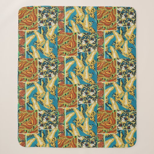 Levend Geel & Teal Art Deco Vlinder Kunst Sherpa Deken (Voorkant)