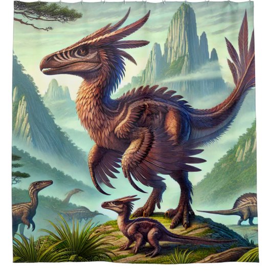Levend Gevederd Dinosaurius Toneel Douchegordijn (Voorkant)