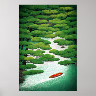 Levend Japans riviermuurkunst Ukiyo-e dennenboom Poster