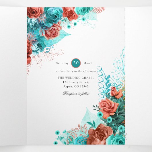 Levend koraal en Blauwgroen huwelijk Drieluik Uitnodiging (Binnenkant midden)