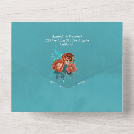 Levend Koraal en Blauwgroen Waterverf Bloemen Brui All In One Uitnodiging (Achterkant)