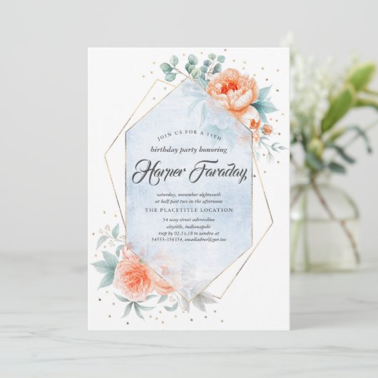 Levend Koraal en Stoffig Blauw Bloemen Moderne Ver Kaart (Staand voorkant)