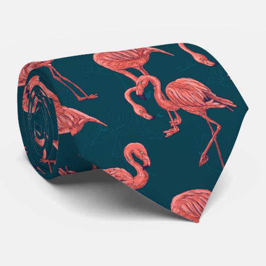 Levend koraal flamingo patroon stropdas (Opgerold)
