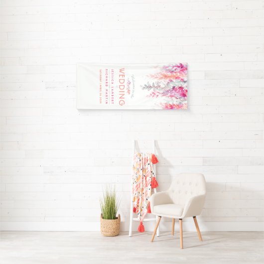 Levend koraal, roze, groene trouwkunst welkom spandoek (Insitu)