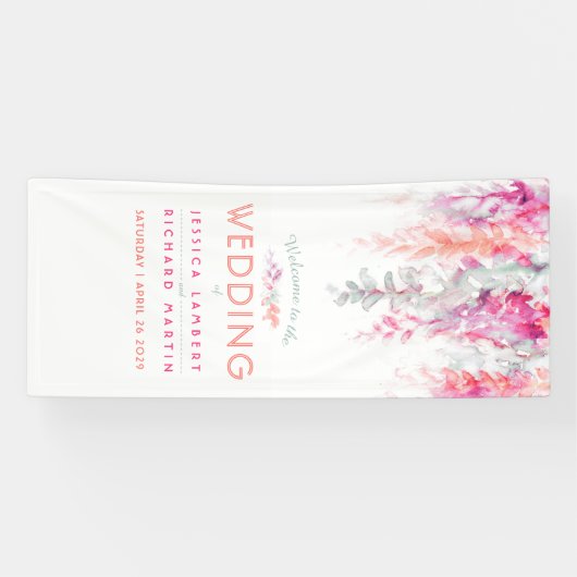 Levend koraal, roze, groene trouwkunst welkom spandoek (Horizontaal)