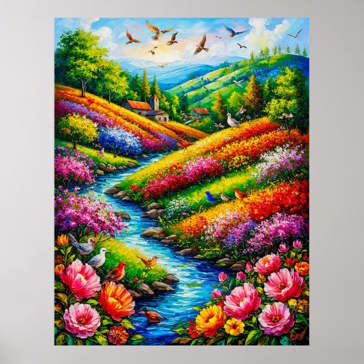 Levend Landschap met Bloeiende Bloemen Poster (Voorkant)