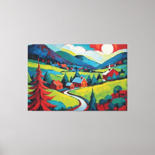 Levend Landschap Schilderij Bij Zonsondergang Canvas Afdruk (Voorkant)