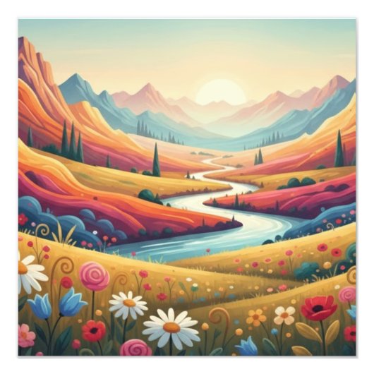 Levend Landschap van Moderne Berg bij Zonsondergan Foto Afdruk (Voorkant)
