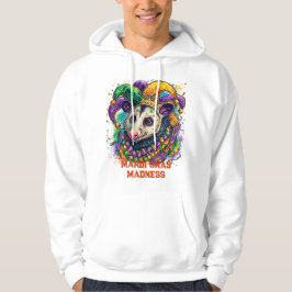 Levend Mardi Gras opossum in narrenmasker en krale Hoodie