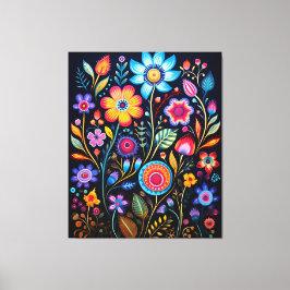 Levend Neon Bloemendecor Zwart Achtergrond Houten Canvas Afdruk