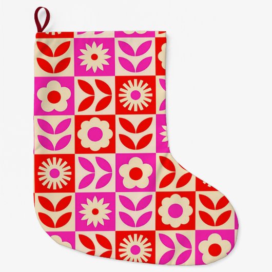 Levend patroon met retro bloemen grote kerstsok (Voorkant)