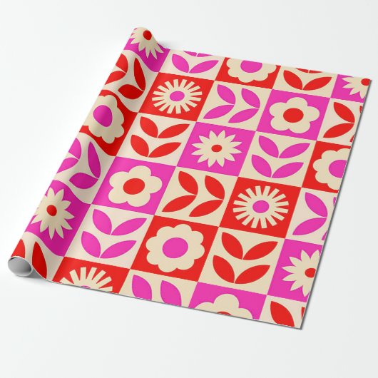 Levend Retro Bloempatroon Cadeaupapier (Uitgerold)