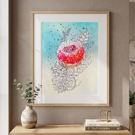Levend Roze Aquarel Bloem Inkt Doodle Kunst Poster
